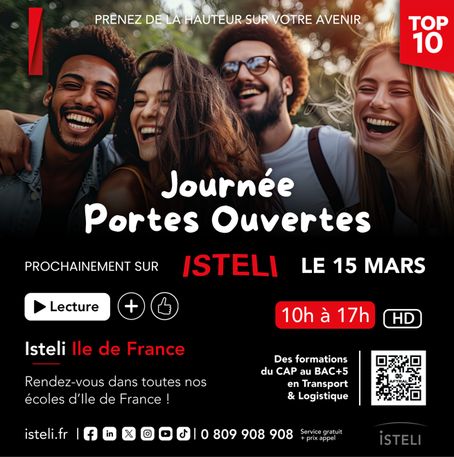 L'image annonce une journée portes ouvertes pour l'ISTELI en Île-de-France, prévue le 15 mars de 10h à 17h, accompagnée de photos de personnes souriantes.