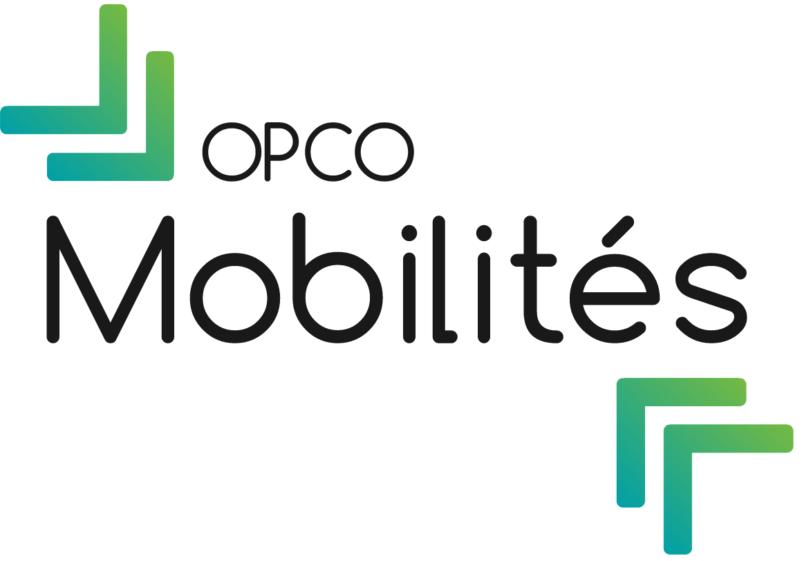 Logo d'OPCO Mobilités avec des éléments graphiques en vert et bleu.