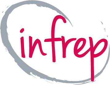 Le logo stylisé "infrep" avec des lettres en rose et une courbe grise à l'arrière-plan.