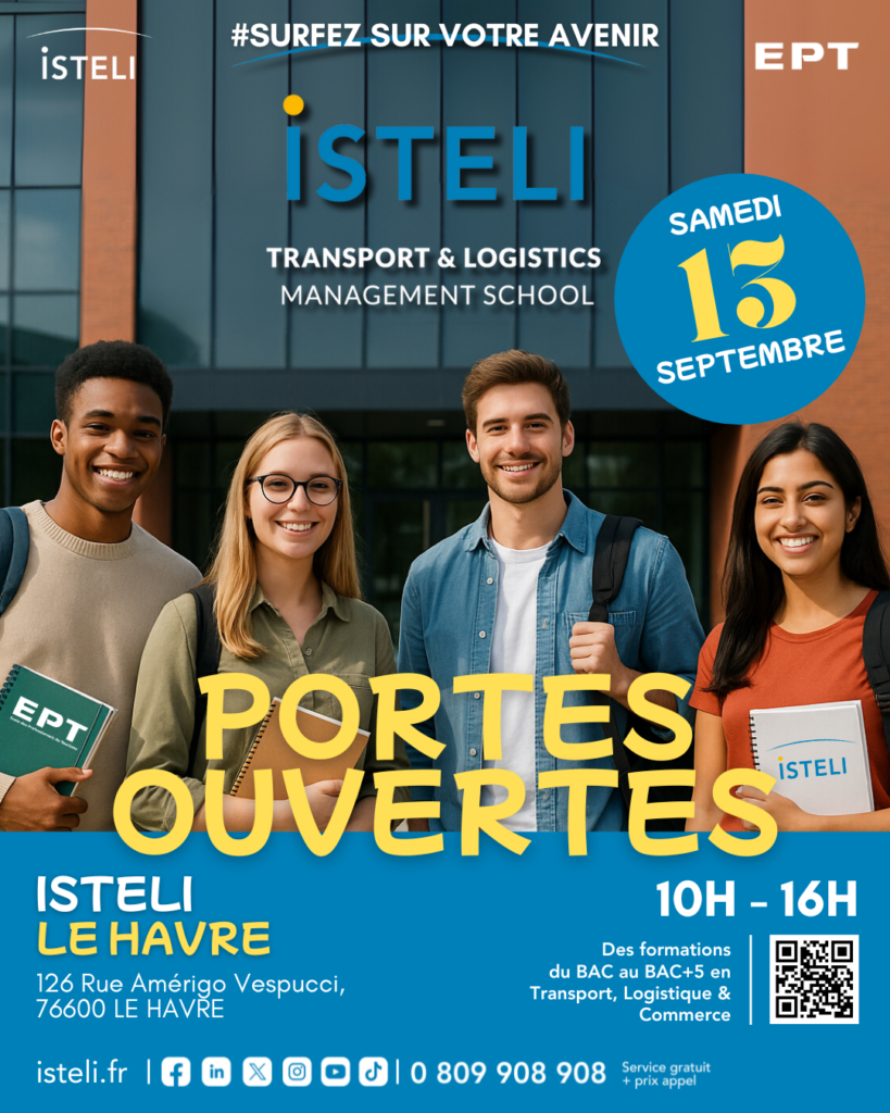 L'image affiche une annonce de journée portes ouvertes pour l'école de management ISTELI, mettant en avant des étudiants souriants devant le bâtiment de l'école.