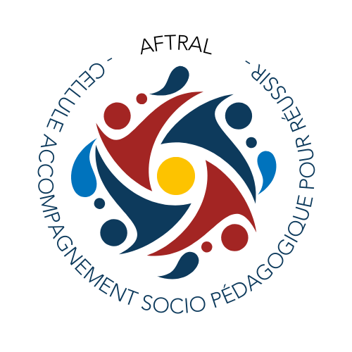 Logo de l'AFTRAL représentant un motif coloré avec des formes stylisées et le texte "CELLULE ACCOMPAGNEMENT SOCIO PÉDAGOGIQUE POUR RÉUSSIR" entourant le design.