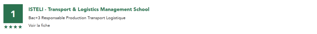 L'image montre une école de gestion des transports et de la logistique avec une note de quatre étoiles et un programme Bac+3 pour devenir responsable de la production en transport logistique.