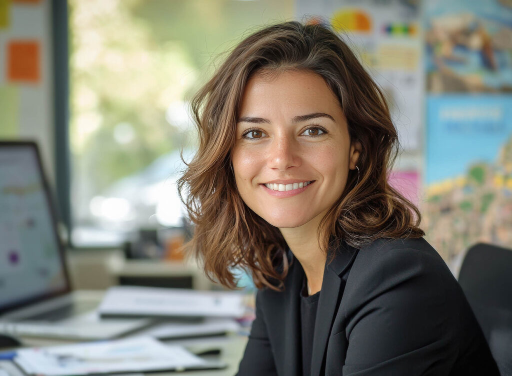 Une femme souriante avec des cheveux bouclés assise à un bureau, entourée de documents et d'un ordinateur.