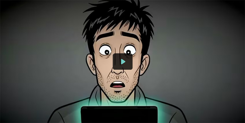 Un homme avec une expression choquée fixe un écran lumineux dans une pièce sombre.