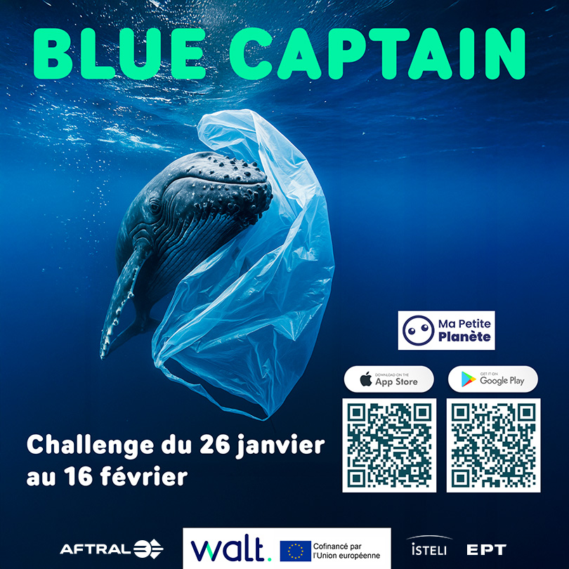 Une baleine nage sous l'eau avec un sac en plastique accroché à sa nageoire, mettant en avant le thème de la pollution marine.