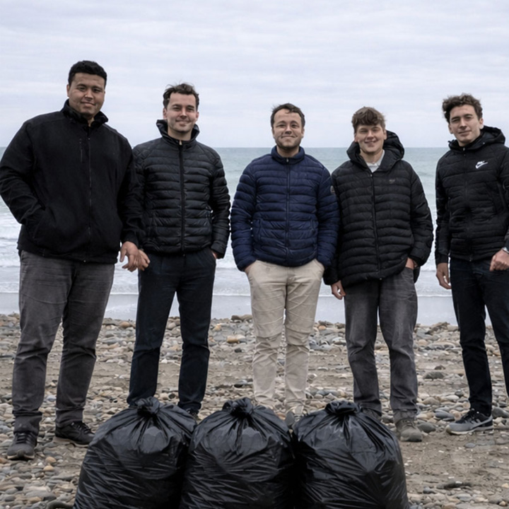 Cinq hommes se tiennent sur une plage, souriant devant des sacs poubelles noires.