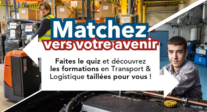 L'image annonce un quiz pour découvrir des formations en transport et logistique, avec des illustrations d'un environnement de travail et des jeunes à l'intérieur.