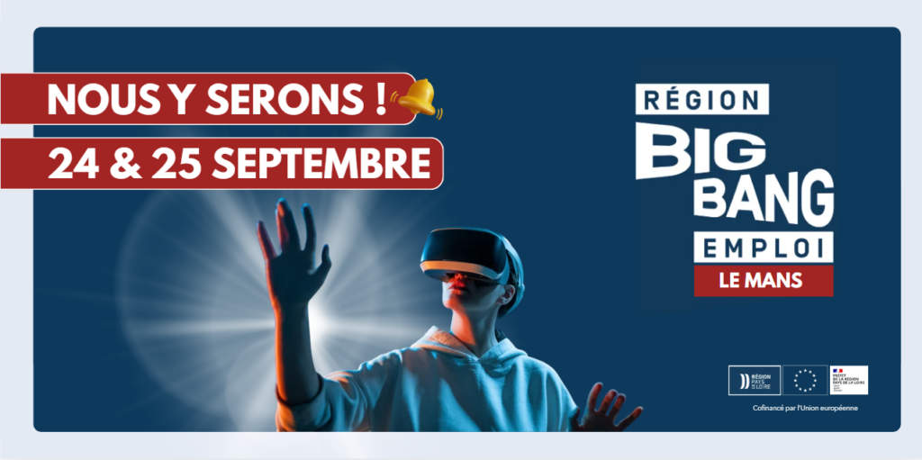 Une personne portant un casque de réalité virtuelle interagit avec un fond bleu, accompagnée d'un texte annonçant un événement appelé "Big Bang Emploi" qui se déroule les 24 et 25 septembre.