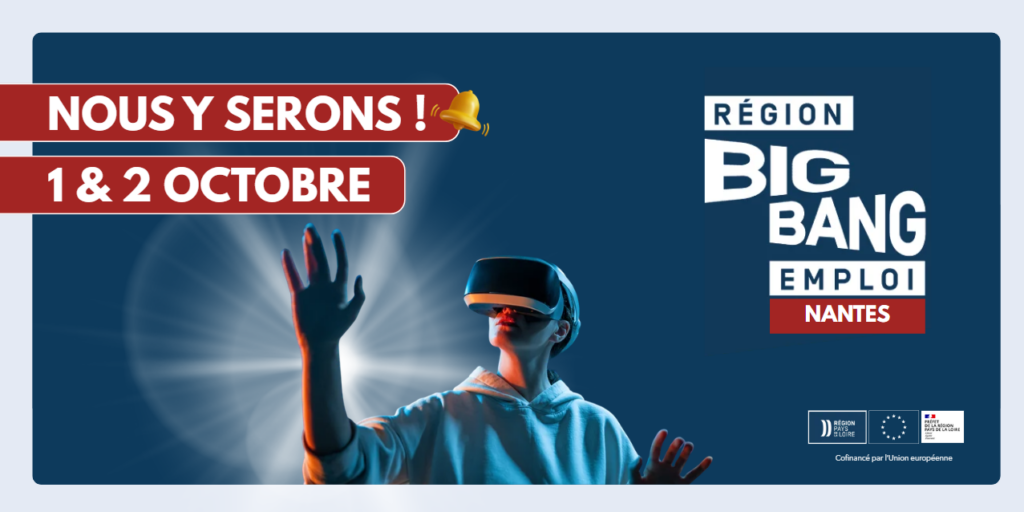 L'image annonce l'événement "Big Bang Emploi" qui se déroulera les 1er et 2 octobre à Nantes, avec une représentation d'une personne portant un casque de réalité virtuelle.